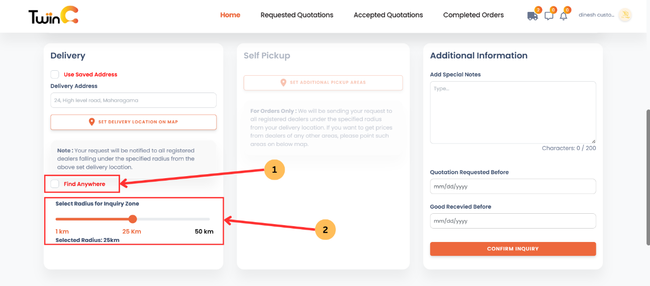 web customer sending inquiries