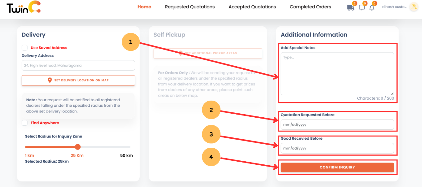 web customer sending inquiries