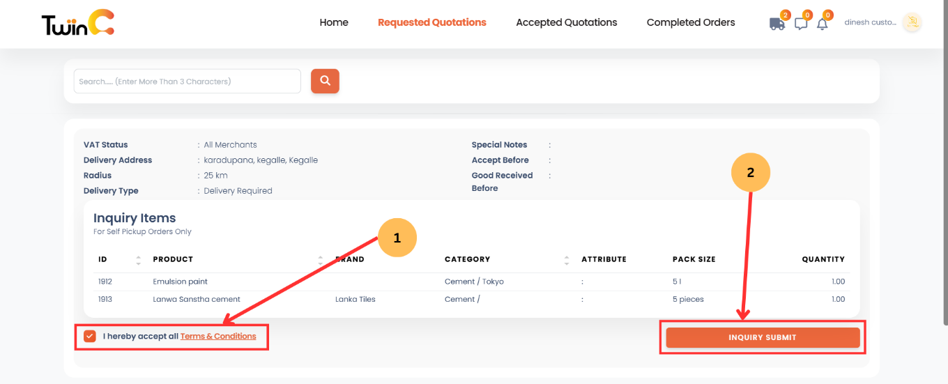 web customer sending inquiries