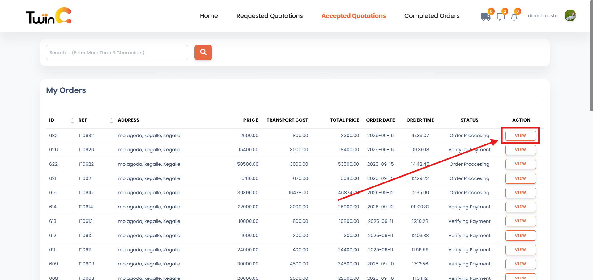 web customer completing order