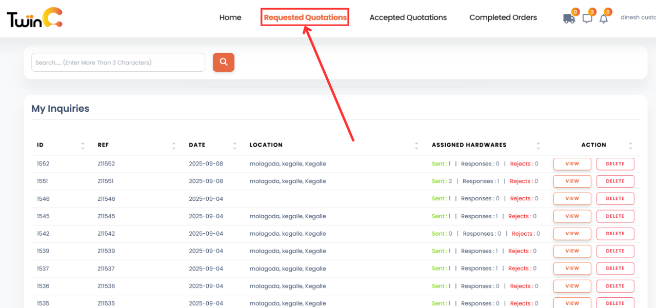 web customer quotation